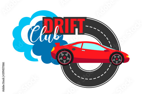 Drift club logo, sign, icon, poster, banner concept design. Red sport car turn on road. Vector illustration