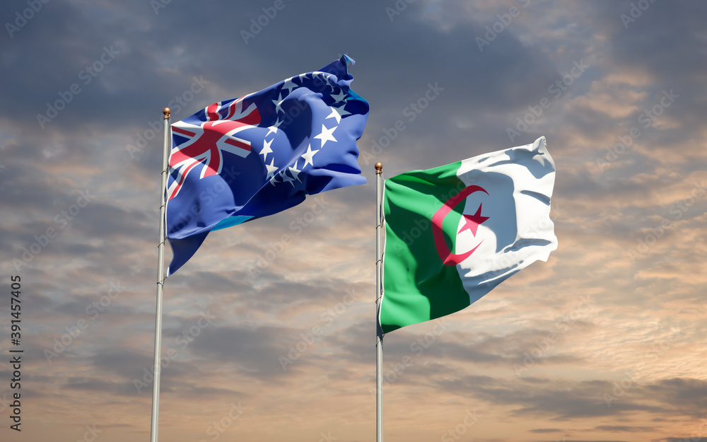 Beautiful national state flags of Algeria and Cook Island together at the sky background. 3D artwork concept. Beautiful national state flags of Algeria and Cook Island together at the sky background. 3D artwork concept.
