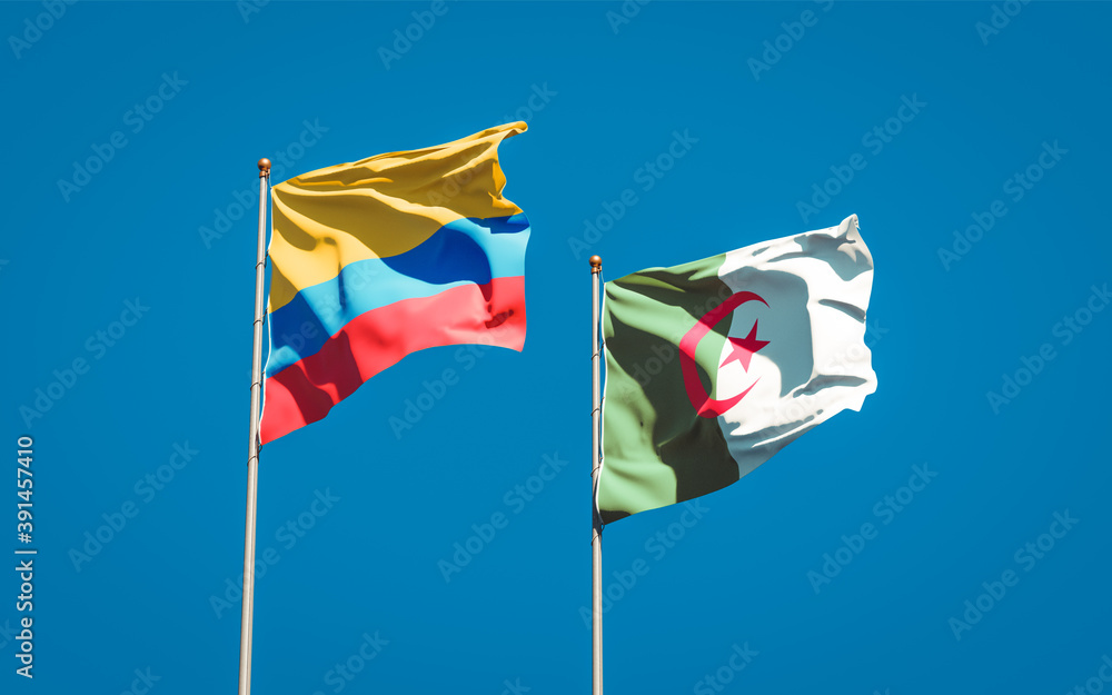 Beautiful national state flags of Algeria and Colombia together at the sky background. 3D artwork concept. Beautiful national state flags of Algeria and Colombia together at the sky background. 3D artwork concept.