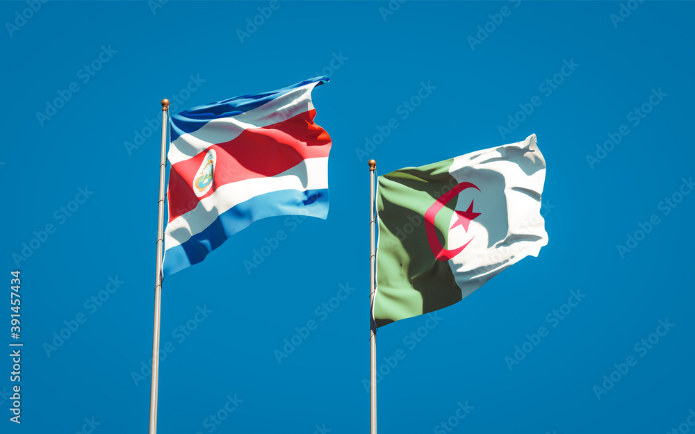 Beautiful national state flags of Algeria and Costa Rica together at the sky background. 3D artwork concept. Beautiful national state flags of Algeria and Costa Rica together at the sky background. 3D artwork concept.