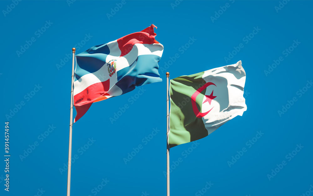 Beautiful national state flags of Algeria and Dominican Republic together at the sky background. 3D artwork concept. Beautiful national state flags of Algeria and Dominican Republic together at the sky background. 3D artwork concept.