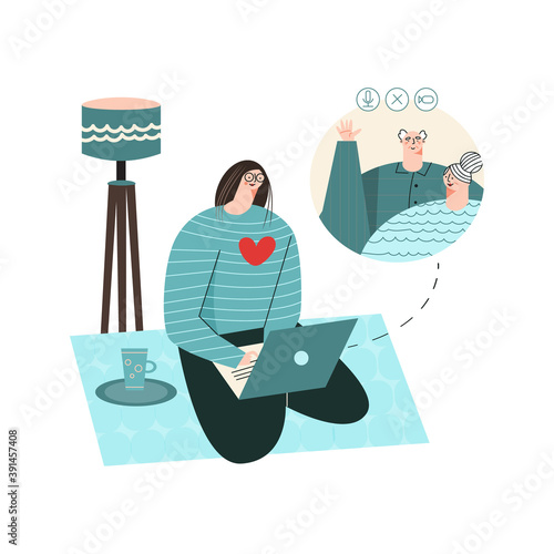 Friendly Caller Volunteer for a Senior. Girl provide companionship to older-adults via calls. Woman make activities for seniors. Chatting and friendship. Online volunteer flat vector illustration