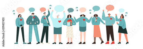 Set of volunteers flat vector illustration. Concept of charity and donation. Young people group giving time and labour for support people in need. Online teamwork volunteering. Isolated on white