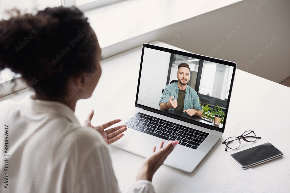 Meeting online. Man and woman having discussion or web conference chat, Work or study from home, freelance, online video conferencing, web chat meeting, distance education, dating online concept Meeting online. Man and woman having discussion or web conference chat, Work or study from home, freelance, online video conferencing, web chat meeting, distance education, dating online concept