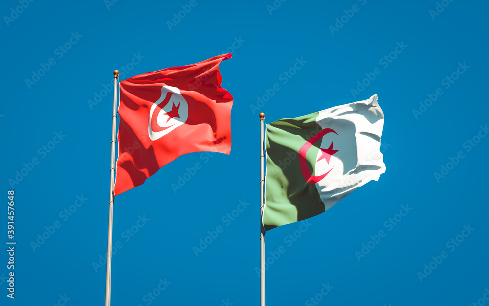 Beautiful national state flags of Tunisia and Algeria together at the sky background. 3D artwork concept. Beautiful national state flags of Tunisia and Algeria together at the sky background. 3D artwork concept.