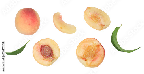 Peach and slises isolated on a white background, clipping path, top-down