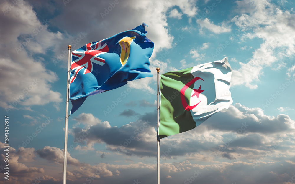 Beautiful national state flags of Turks and Caicos Islands and Algeria together at the sky background. 3D artwork concept. Beautiful national state flags of Turks and Caicos Islands and Algeria together at the sky background. 3D artwork concept.