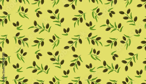 Olive seamless pattern. Vector decorative olive branch. Branches with black ripe olives on green background. For labels, packaging or fabric.