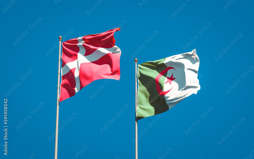 Beautiful national state flags of Denmark and Algeria together at the sky background. 3D artwork concept.
