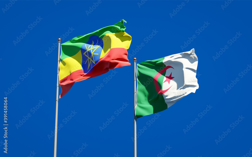 Beautiful national state flags of Ethiopia and Algeria together at the sky background. 3D artwork concept. Beautiful national state flags of Ethiopia and Algeria together at the sky background. 3D artwork concept.