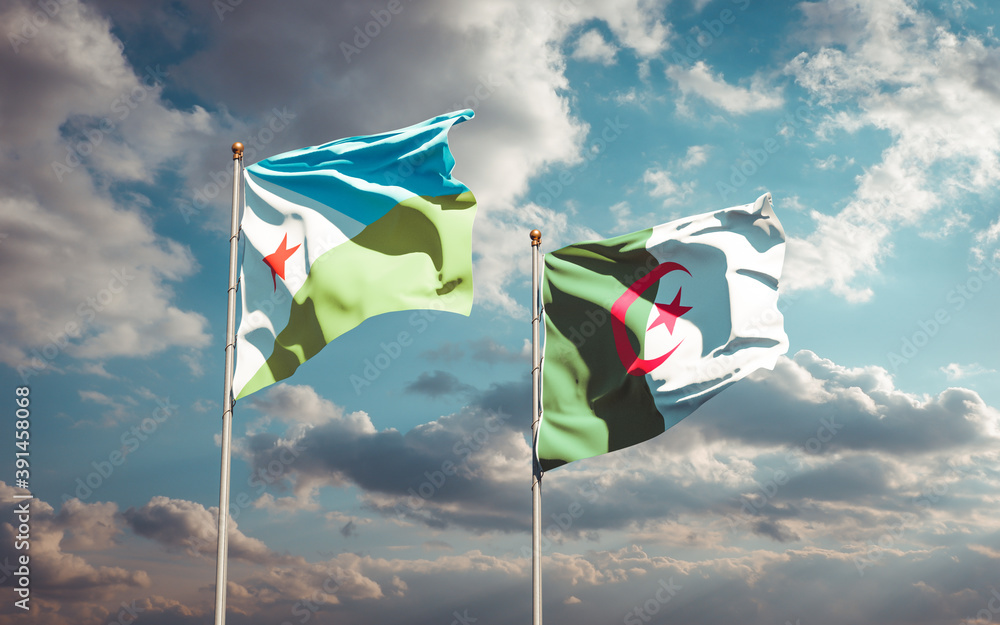 Beautiful national state flags of Djibouti and Algeria together at the sky background. 3D artwork concept. Beautiful national state flags of Djibouti and Algeria together at the sky background. 3D artwork concept.