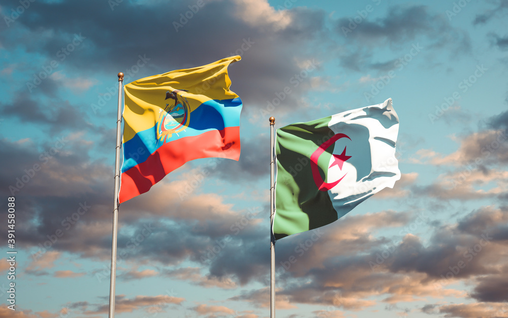 Beautiful national state flags of Ecuador and Algeria together at the sky background. 3D artwork concept. Beautiful national state flags of Ecuador and Algeria together at the sky background. 3D artwork concept.