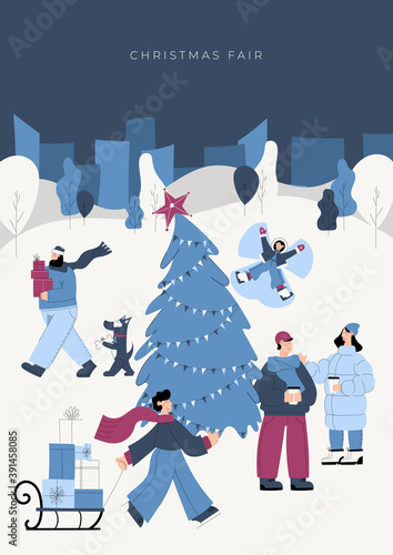 Holiday fair, Christmas market at night in the park or town square with people, kiosks and a Christmas tree. People walking, buying gifts, drinking coffee, mulled wine, making snow angel. Vector 