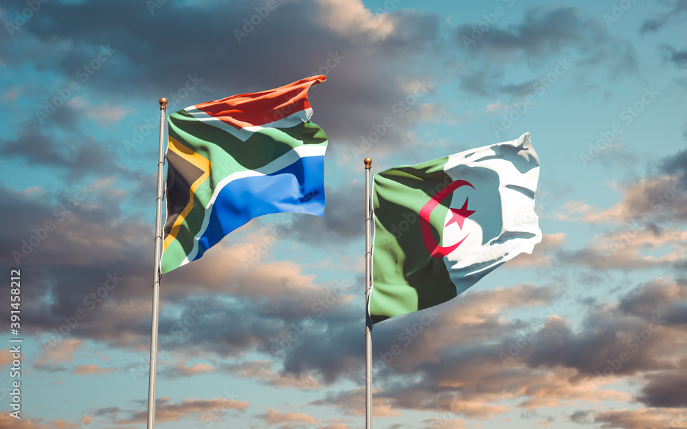 Beautiful national state flags of South Africa and Algeria together at the sky background. 3D artwork concept. Beautiful national state flags of South Africa and Algeria together at the sky background. 3D artwork concept.