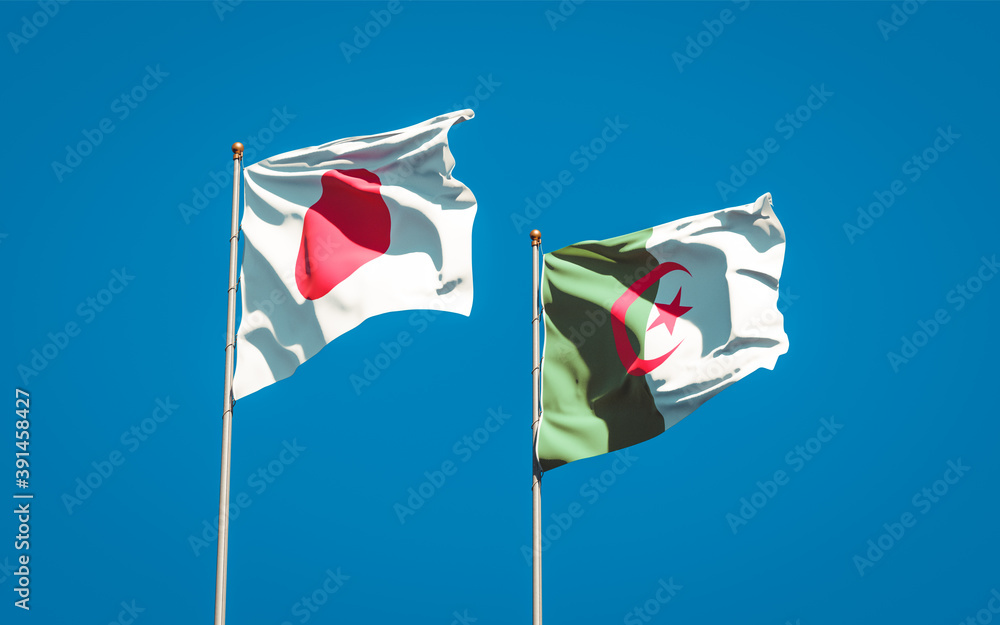 Beautiful national state flags of Japan and Algeria together at the sky background. 3D artwork concept. Beautiful national state flags of Japan and Algeria together at the sky background. 3D artwork concept.