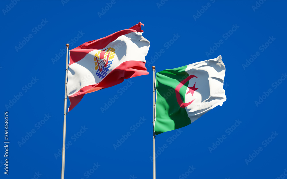 Beautiful national state flags of French Polynesia and Algeria together at the sky background. 3D artwork concept. Beautiful national state flags of French Polynesia and Algeria together at the sky background. 3D artwork concept.