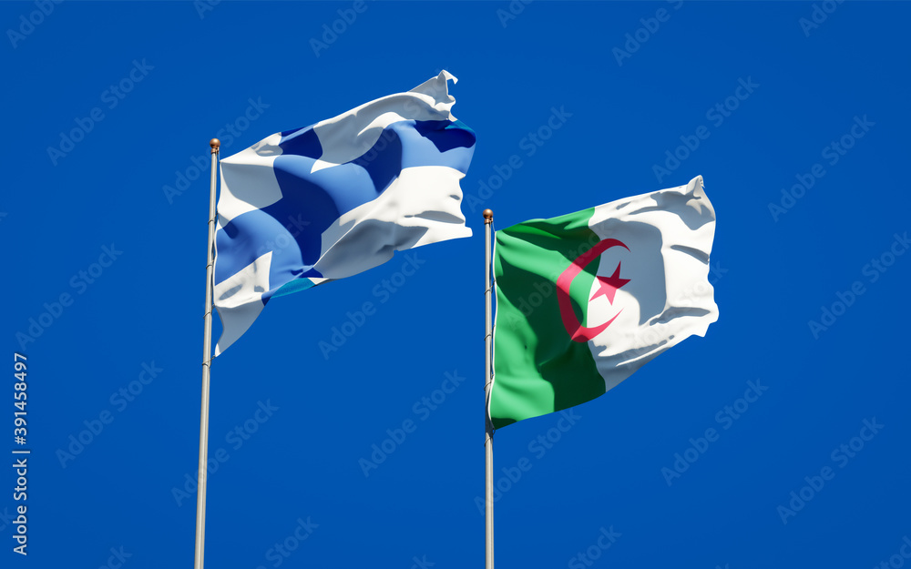 Beautiful national state flags of Finland and Algeria together at the sky background. 3D artwork concept. Beautiful national state flags of Finland and Algeria together at the sky background. 3D artwork concept.