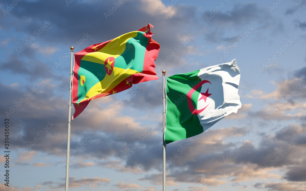 Beautiful national state flags of Grenada and Algeria together at the sky background. 3D artwork concept. Beautiful national state flags of Grenada and Algeria together at the sky background. 3D artwork concept.
