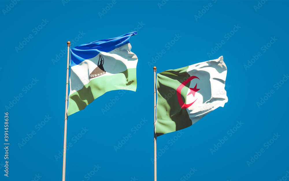 Beautiful national state flags of Lesotho and Algeria together at the sky background. 3D artwork concept. Beautiful national state flags of Lesotho and Algeria together at the sky background. 3D artwork concept.