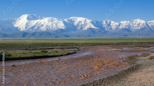 View of Lenin Peak nowadays Ibn Sina peak in the snow-capped Trans-Alay or Trans-Alai mountain range in southern Kyrgyzstan with Kyzyl Suu river in the foreground photo