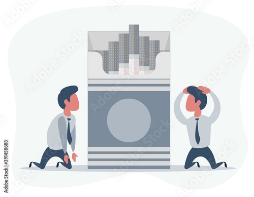 People are kneel beside the Open cigarettes pack box. Flat style illustration isolated on a background, smoke problem concept, narcotic, product, production, tobacco, cigarette symbol.