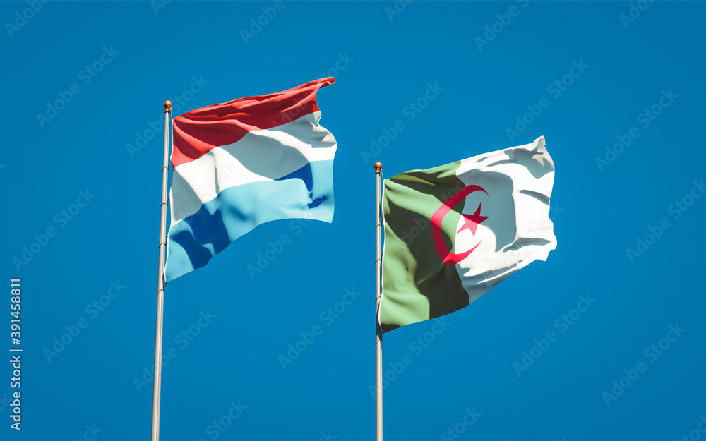 Beautiful national state flags of Netherlands and Algeria together at the sky background. 3D artwork concept. Beautiful national state flags of Netherlands and Algeria together at the sky background. 3D artwork concept.
