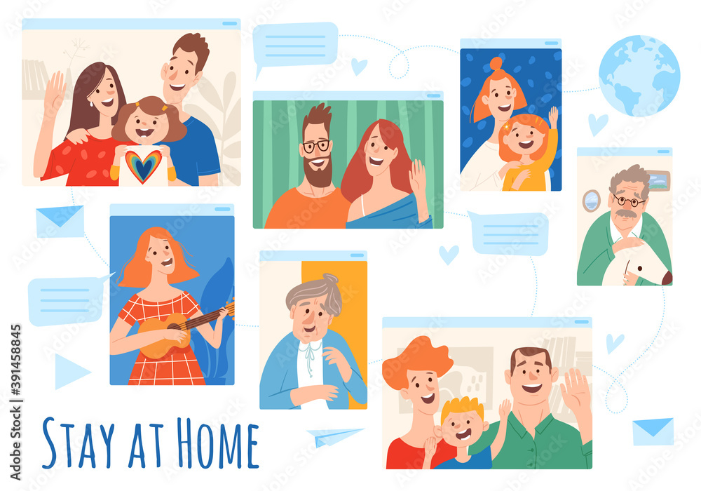 Home isolation stay at home vector illustration with different people
