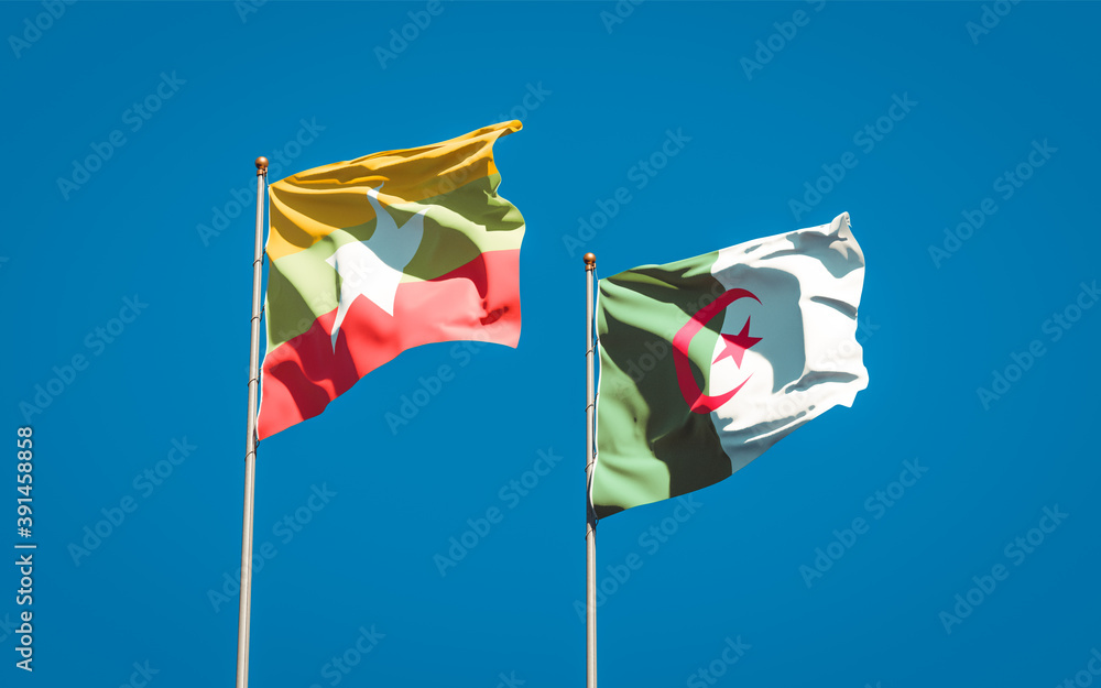 Beautiful national state flags of Myanmar and Algeria together at the sky background. 3D artwork concept. Beautiful national state flags of Myanmar and Algeria together at the sky background. 3D artwork concept.