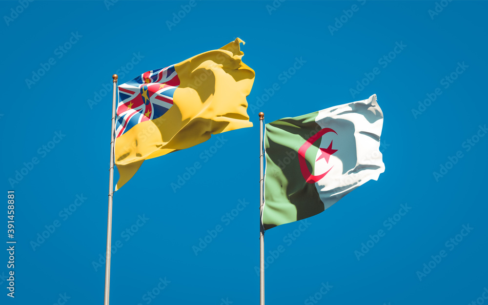 Beautiful national state flags of Niue and Algeria together at the sky background. 3D artwork concept. Beautiful national state flags of Niue and Algeria together at the sky background. 3D artwork concept.