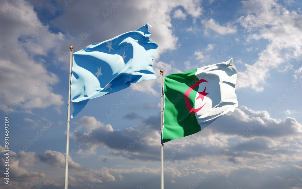 Beautiful national state flags of Federated States of Micronesia and Algeria together at the sky background. 3D artwork concept. Beautiful national state flags of Federated States of Micronesia and Algeria together at the sky background. 3D artwork concept.