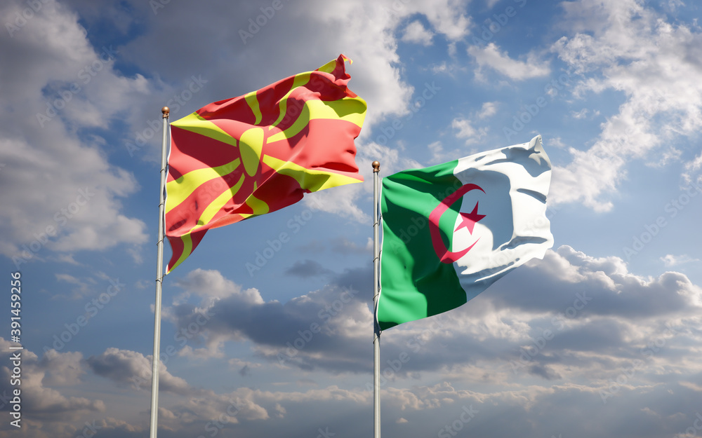Beautiful national state flags of North Macedonia and Algeria together at the sky background. 3D artwork concept. Beautiful national state flags of North Macedonia and Algeria together at the sky background. 3D artwork concept.