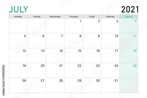 2021 July illustration vector desk calendar weeks start on Monday in light green and white theme