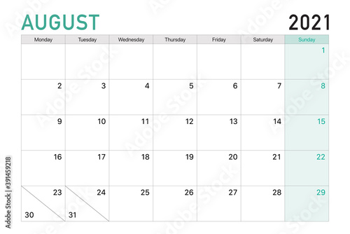 2021 August illustration vector desk calendar weeks start on Monday in light green and white theme
