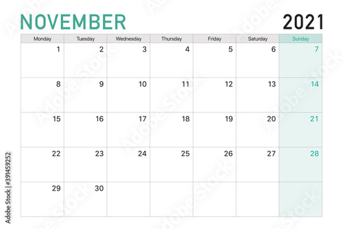 2021 November illustration vector desk calendar weeks start on Monday in light green and white theme