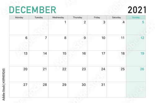2021 December illustration vector desk calendar weeks start on Monday in light green and white theme