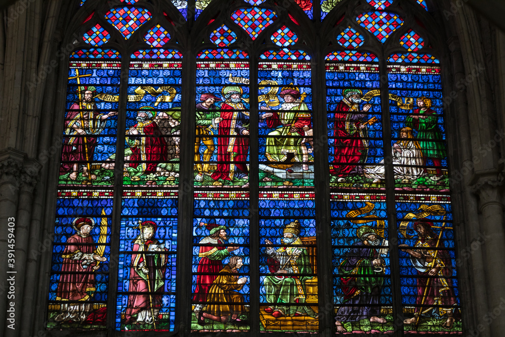  Colorful stained glass windows in Troyes Cathedral  dedicated to Saint Peter and Saint Paul. France.