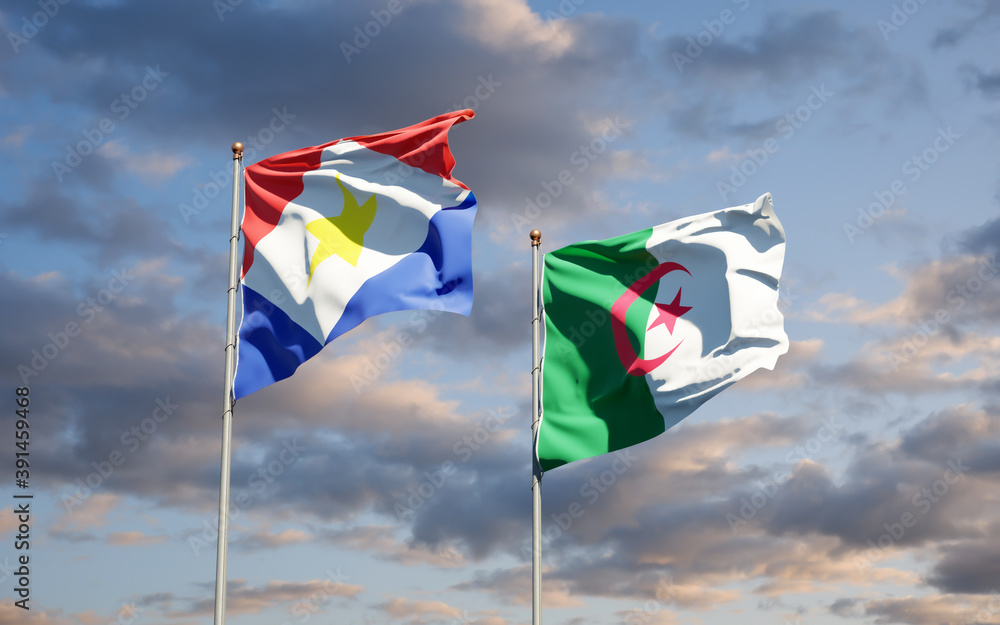 Beautiful national state flags of Saba and Algeria together at the sky background. 3D artwork concept. Beautiful national state flags of Saba and Algeria together at the sky background. 3D artwork concept.