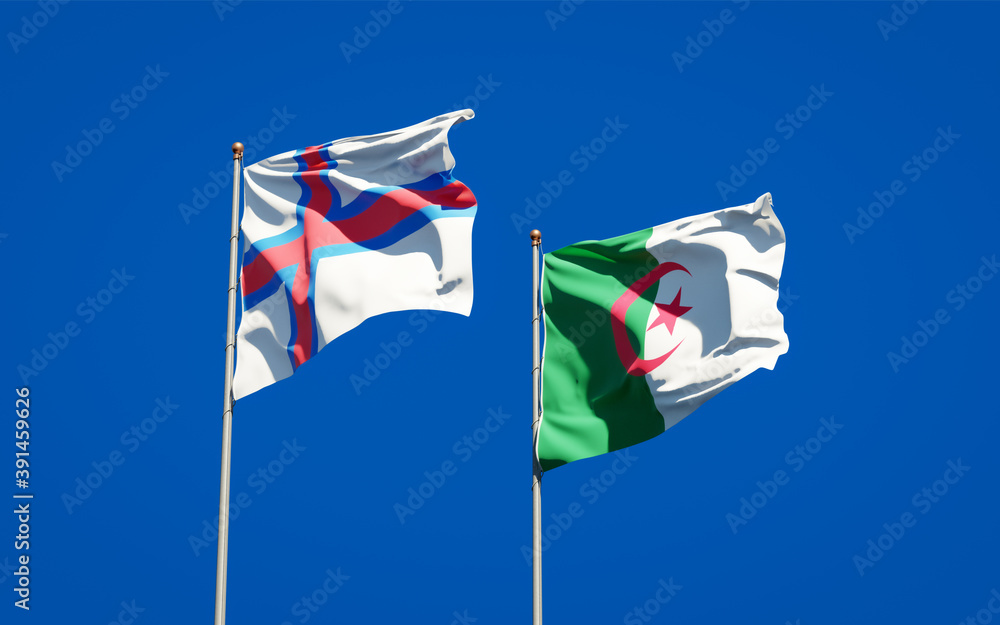 Beautiful national state flags of Faroe Islands and Algeria together at the sky background. 3D artwork concept. Beautiful national state flags of Faroe Islands and Algeria together at the sky background. 3D artwork concept.