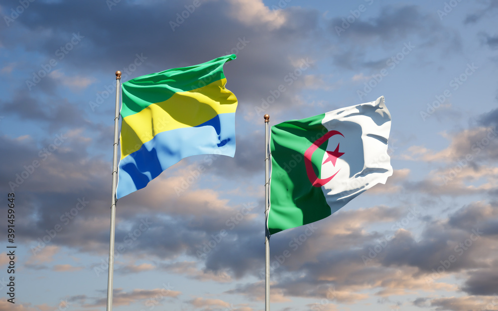 Beautiful national state flags of Gabon and Algeria together at the sky background. 3D artwork concept. Beautiful national state flags of Gabon and Algeria together at the sky background. 3D artwork concept.