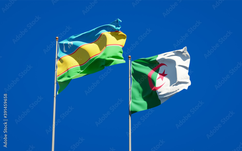 Beautiful national state flags of Karakalpakstan and Algeria together ...