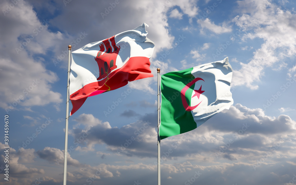 Beautiful national state flags of Gibraltar and Algeria together at the sky background. 3D artwork concept. Beautiful national state flags of Gibraltar and Algeria together at the sky background. 3D artwork concept.