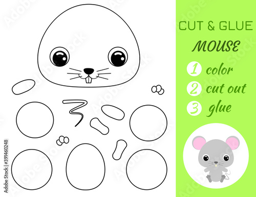 Simple educational game coloring page cut and glue sitting baby mouse for kids. Educational paper game for preschool children. Color, cut parts and glue on paper. Vector stock illustration.