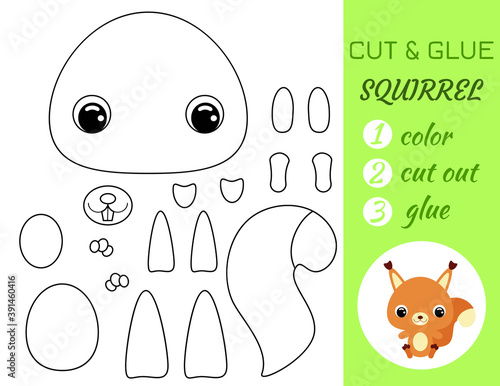 Simple educational game coloring page cut and glue sitting baby squirrel for kids. Educational paper game for preschool children. Color, cut parts and glue on paper. Vector stock illustration.