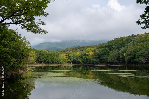 Cloudy Shiretoko Five Lakes with mountain reflection