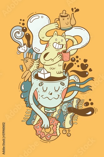 Card with cute cartoon cat drinking coffee. Funny mugs and cups. Tea time print. Vector contour image. Doodle line art.