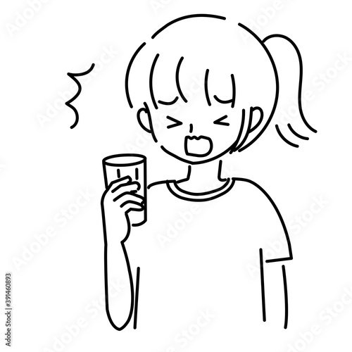 飲み物を飲んで驚く若い女性のイラスト	
