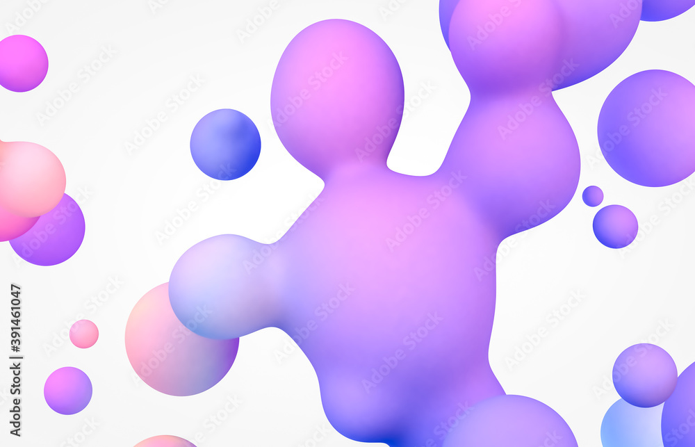 Abstract 3d art background. Holographic floating liquid blobs, soap bubbles, metaballs.