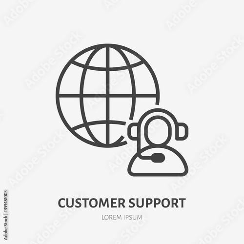 Customer customer line icon, vector pictogram of client support, online assistant. Operator in headset with globe stroke sign for call center