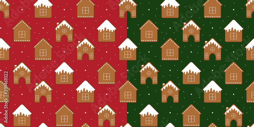 Gingerbread houses. Seamless pattern with gingerbread house. Cute Christmas background. Vector illustration.