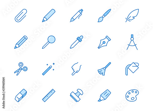 Drawing tools line icons set. Pen, pencil, paintbrush, dropper, stamp, smudge, paint bucket minimal vector illustrations. Simple outline signs for web interface. Blue color, Editable Stroke